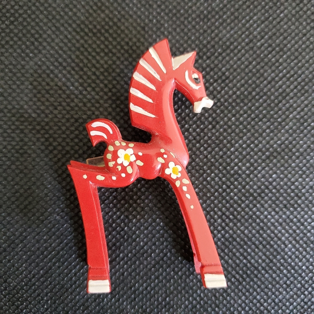Vintage Celluloid(?) Plastic Red Horse Pin Brooch